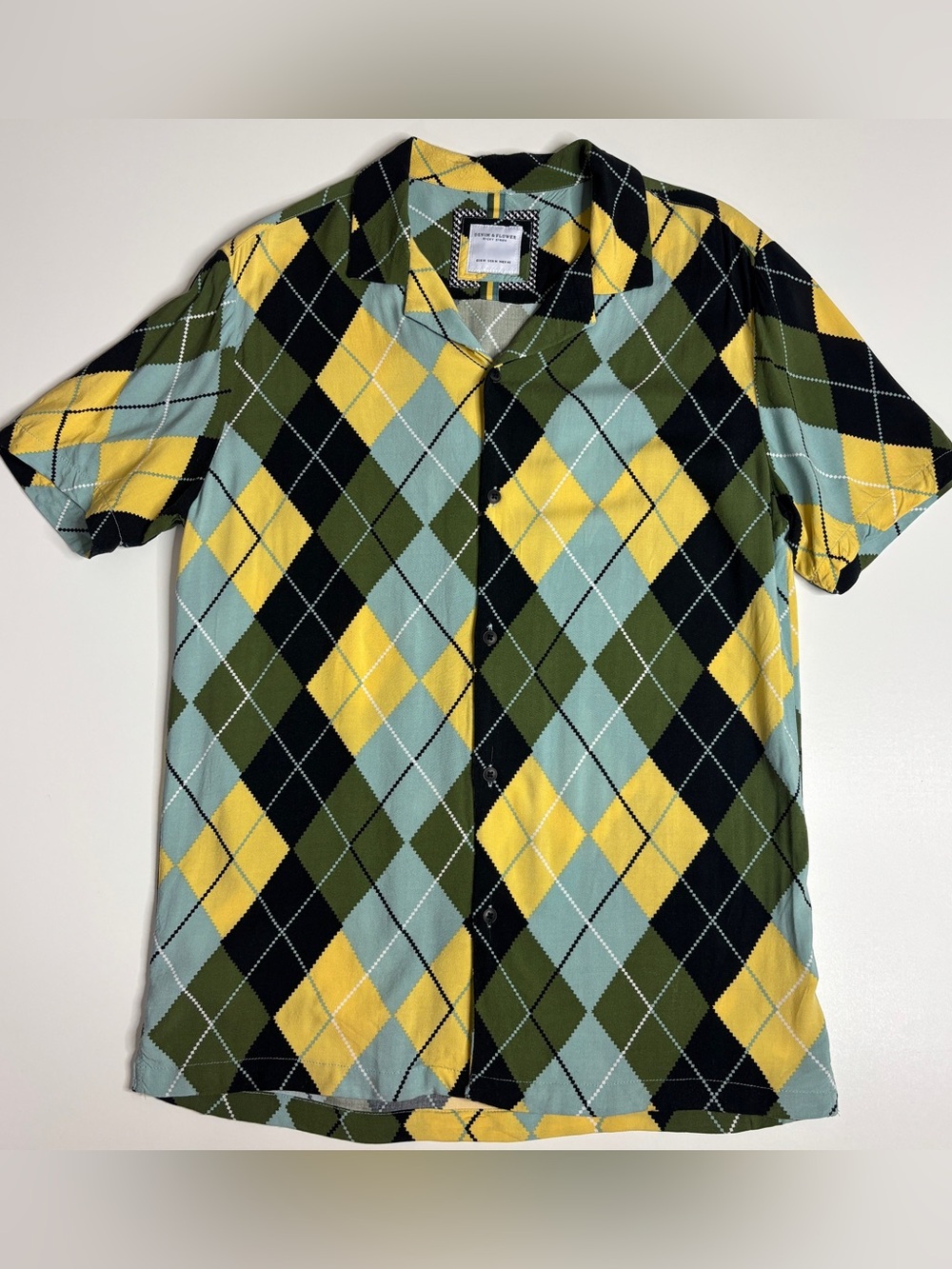 Denim & Flower Argyle Camp Shirt Retro Y2K Golfcore Indie Mens M
